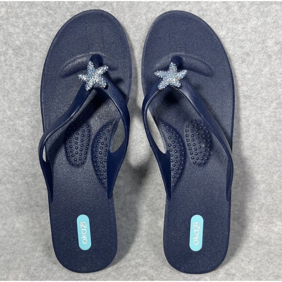 Oka-B Joy‎ Wedge Sandals Womens Large Navy Blue Starfish Sparkle Thong Flip Flop - Picture 3 of 15